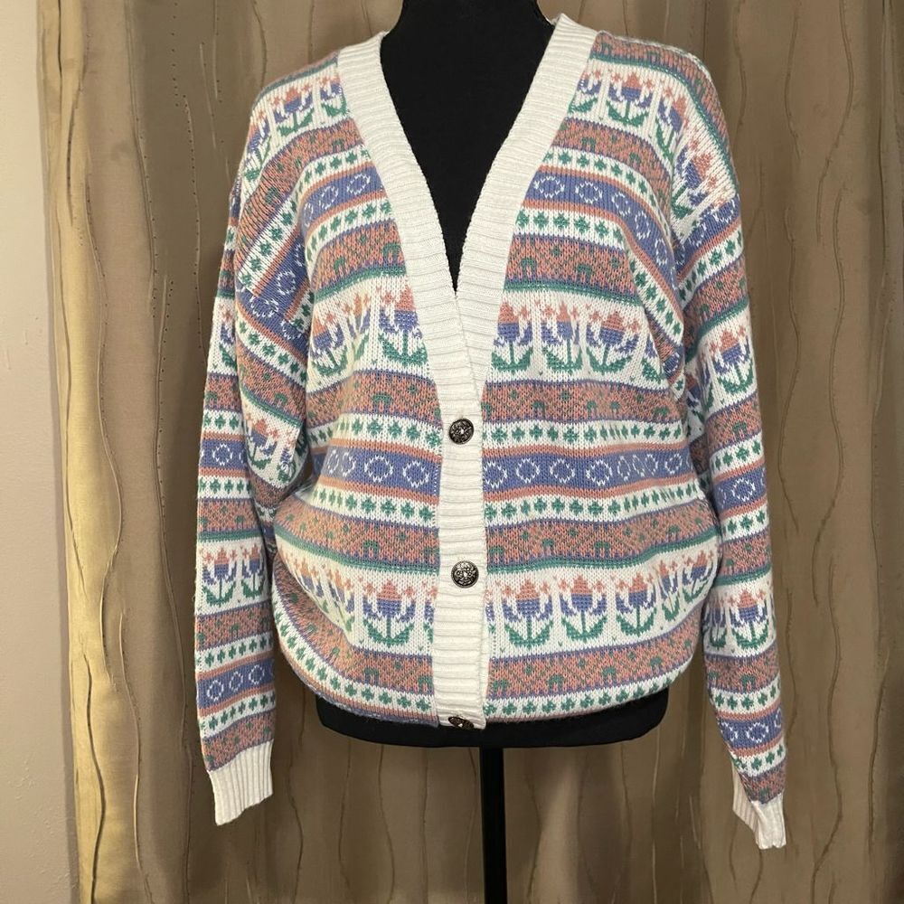Vintage 80s / 90s Womens Medium Pastel Floral Knit Cardigan Sweater USA - Picture 4 of 9